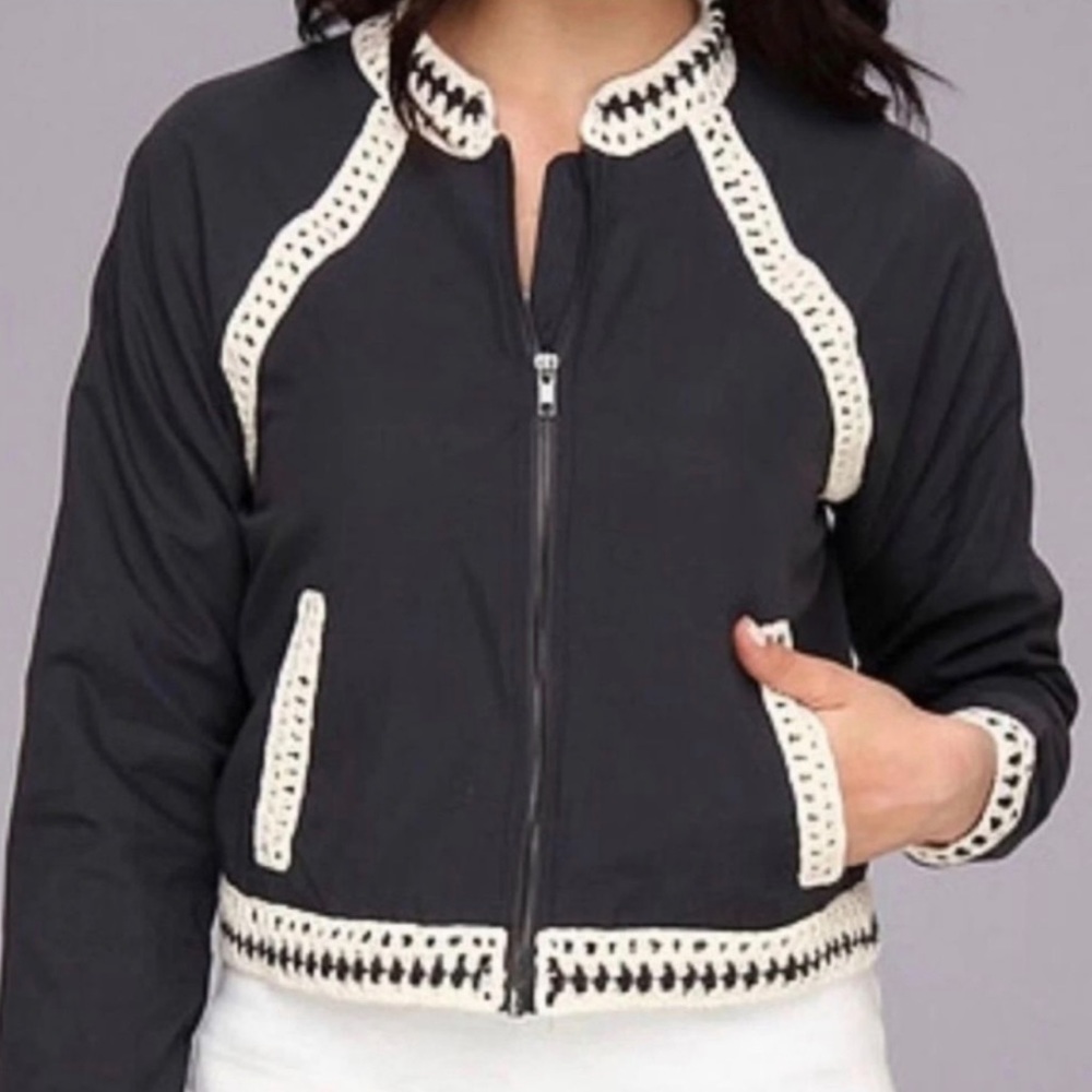 Free People Crochet Trimmed Cropped Navy Bomber
Baseball Jacket